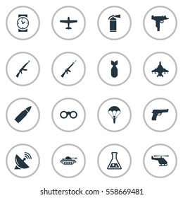 Set Of 16 Simple Battle Icons. Can Be Found Such Elements As Paratrooper, Nuke, Field Glasses And Other.