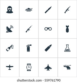 Set Of 16 Simple Battle Icons. Can Be Found Such Elements As Watch, Nuke, Cold Weapon And Other.