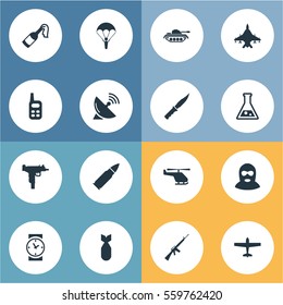 Set Of 16 Simple Battle Icons. Can Be Found Such Elements As Rifle Gun, Signal Receiver, Firearm And Other.
