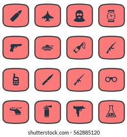Set Of 16 Simple Battle Icons. Can Be Found Such Elements As Field Glasses, Terrorist, Cold Weapon And Other.