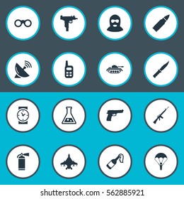 Set Of 16 Simple Battle Icons. Can Be Found Such Elements As Signal Receiver, Cold Weapon, Extinguisher And Other.