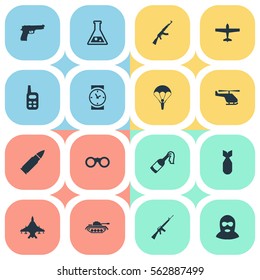 Set Of 16 Simple Battle Icons. Can Be Found Such Elements As Paratrooper, Watch, Pistol And Other.