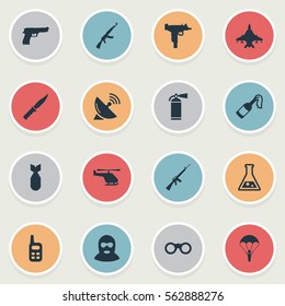 Set Of 16 Simple Battle Icons. Can Be Found Such Elements As Cold Weapon, Kalashnikov, Chemistry And Other.