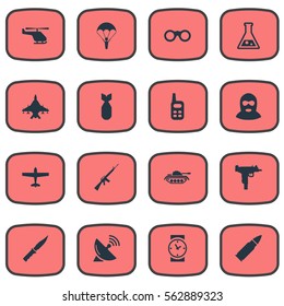 Set Of 16 Simple Battle Icons. Can Be Found Such Elements As Watch, Sky Force, Helicopter And Other.