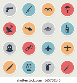 Set Of 16 Simple Battle Icons. Can Be Found Such Elements As Cold Weapon, Signal Receiver, Molotov And Other.