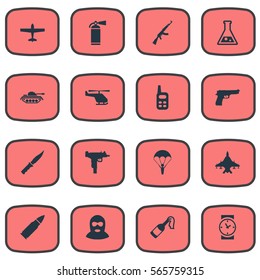 Set Of 16 Simple Battle Icons. Can Be Found Such Elements As Terrorist, Ammunition, Pistol And Other.