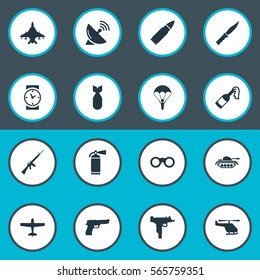 Set Of 16 Simple Battle Icons. Can Be Found Such Elements As Heavy Weapon, Ammunition, Paratrooper And Other.
