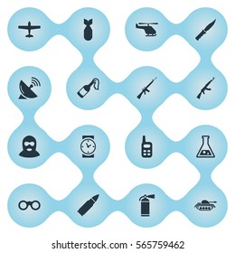 Set Of 16 Simple Battle Icons. Can Be Found Such Elements As Cold Weapon, Extinguisher, Kalashnikov And Other.
