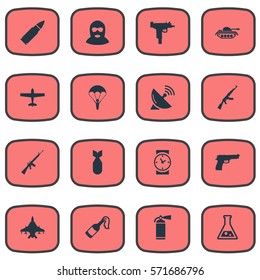 Set Of 16 Simple Battle Icons. Can Be Found Such Elements As Air Bomber, Extinguisher, Ammunition And Other.
