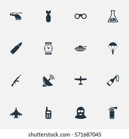 Set Of 16 Simple Battle Icons. Can Be Found Such Elements As Heavy Weapon, Chemistry, Air Bomber And Other.