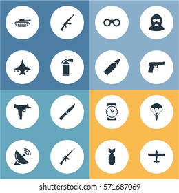 Set Of 16 Simple Battle Icons. Can Be Found Such Elements As Heavy Weapon, Sky Force, Nuke And Other.