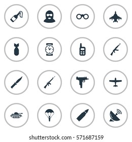 Set Of 16 Simple Battle Icons. Can Be Found Such Elements As Watch, Walkies, Kalashnikov And Other.