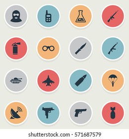 Set Of 16 Simple Battle Icons. Can Be Found Such Elements As Firearm, Cold Weapon, Paratrooper And Other.