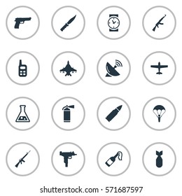 Set Of 16 Simple Battle Icons. Can Be Found Such Elements As Signal Receiver, Pistol, Extinguisher And Other.