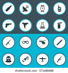 Set Of 16 Simple Battle Icons. Can Be Found Such Elements As Walkies, Molotov, Pistol And Other.