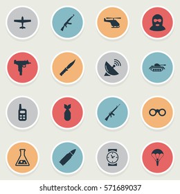 Set Of 16 Simple Battle Icons. Can Be Found Such Elements As Air Bomber, Field Glasses, Ammunition And Other.