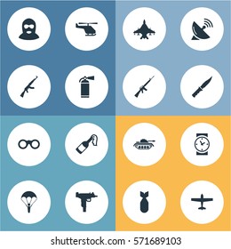 Set Of 16 Simple Battle Icons. Can Be Found Such Elements As Firearm, Cold Weapon, Extinguisher And Other.