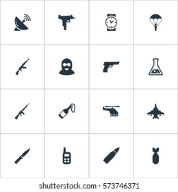 Set Of 16 Simple Battle Icons. Can Be Found Such Elements As Molotov, Nuke, Pistol And Other.