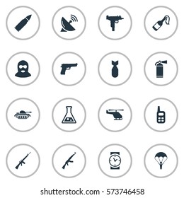 Set Of 16 Simple Battle Icons. Can Be Found Such Elements As Ammunition, Rifle Gun, Paratrooper And Other.