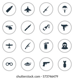 Set Of 16 Simple Battle Icons. Can Be Found Such Elements As Cold Weapon, Pistol, Sky Force And Other.