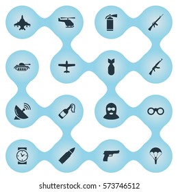 Set Of 16 Simple Battle Icons. Can Be Found Such Elements As Ammunition, Molotov, Watch And Other.