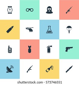 Set Of 16 Simple Battle Icons. Can Be Found Such Elements As Rifle Gun, Chemistry, Helicopter And Other.