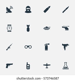 Set Of 16 Simple Battle Icons. Can Be Found Such Elements As Rifle Gun, Watch, Ammunition And Other.