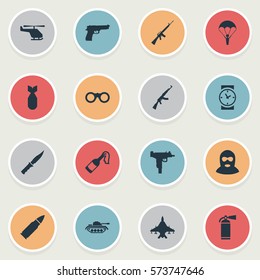 Set Of 16 Simple Battle Icons. Can Be Found Such Elements As Heavy Weapon, Nuke, Rifle Gun And Other.