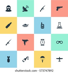 Set Of 16 Simple Battle Icons. Can Be Found Such Elements As Walkies, Paratrooper, Heavy Weapon And Other.