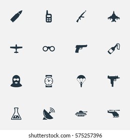 Set Of 16 Simple Battle Icons. Can Be Found Such Elements As Molotov, Air Bomber, Helicopter And Other.