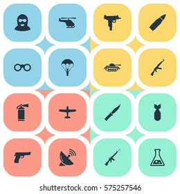 Set Of 16 Simple Battle Icons. Can Be Found Such Elements As Kalashnikov, Air Bomber, Extinguisher And Other.