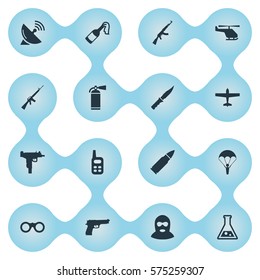 Set Of 16 Simple Battle Icons. Can Be Found Such Elements As Helicopter, Paratrooper, Extinguisher And Other.