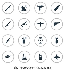 Set Of 16 Simple Battle Icons. Can Be Found Such Elements As Firearm, Rifle Gun, Sky Force And Other.