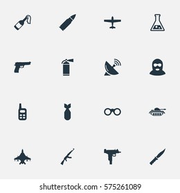 Set Of 16 Simple Battle Icons. Can Be Found Such Elements As Heavy Weapon, Terrorist, Kalashnikov And Other.