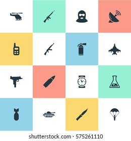 Set Of 16 Simple Battle Icons. Can Be Found Such Elements As Helicopter, Cold Weapon, Watch And Other.