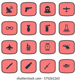 Set Of 16 Simple Battle Icons. Can Be Found Such Elements As Sky Force, Nuke, Extinguisher And Other.