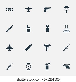 Set Of 16 Simple Battle Icons. Can Be Found Such Elements As Paratrooper, Sky Force, Pistol And Other.