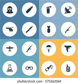 Set Of 16 Simple Battle Icons. Can Be Found Such Elements As Air Bomber, Kalashnikov, Rifle Gun And Other.