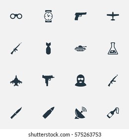 Set Of 16 Simple Battle Icons. Can Be Found Such Elements As Molotov, Field Glasses, Signal Receiver And Other.