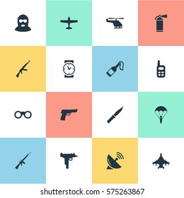 Set Of 16 Simple Battle Icons. Can Be Found Such Elements As Rifle Gun, Helicopter, Watch And Other.