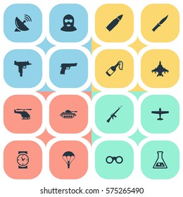 Set Of 16 Simple Battle Icons. Can Be Found Such Elements As Field Glasses, Firearm, Signal Receiver And Other.