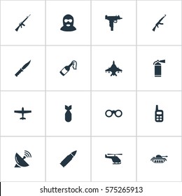 Set Of 16 Simple Battle Icons. Can Be Found Such Elements As Extinguisher, Rifle Gun, Walkies And Other.