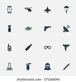 Set Of 16 Simple Battle Icons. Can Be Found Such Elements As Nuke, Paratrooper, Field Glasses And Other.