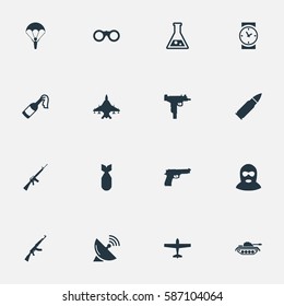 Set Of 16 Simple Battle Icons. Can Be Found Such Elements As Nuke, Sky Force, Kalashnikov And Other.