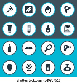 Set Of 16 Simple Beautician Icons. Can Be Found Such Elements As Shaver, Supermarket, Flask And Other.