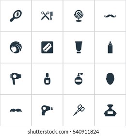 Set Of 16 Simple Beautician Icons. Can Be Found Such Elements As Bottle, Container, Human And Other.