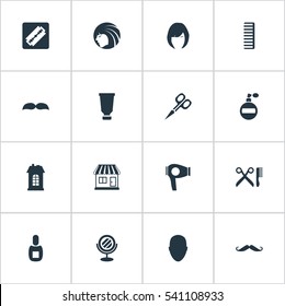 Set Of 16 Simple Beautician Icons. Can Be Found Such Elements As Whiskers, Hair, Beard And Other.