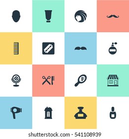 Set Of 16 Simple Beautician Icons. Can Be Found Such Elements As Aroma, Drying Machine, Bottle And Other.