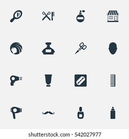 Set Of 16 Simple Beautician Icons. Can Be Found Such Elements As Shaver, Whiskers, Human And Other.