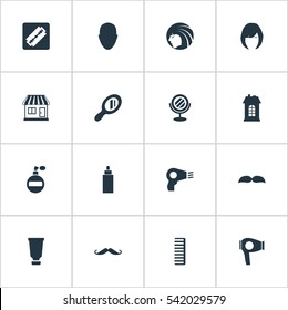 Set Of 16 Simple Beautician Icons. Can Be Found Such Elements As Premises, Bottle, Beard And Other.